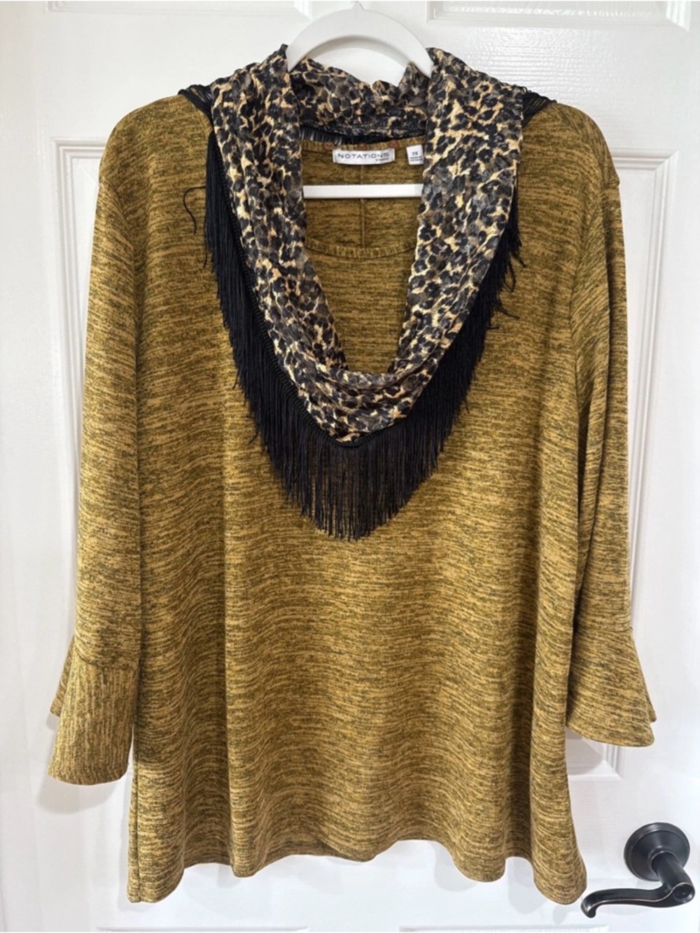 Notations 2X Pullover Bell Sleeve Sweater Mustard Yellow Heathered Removal Scarf